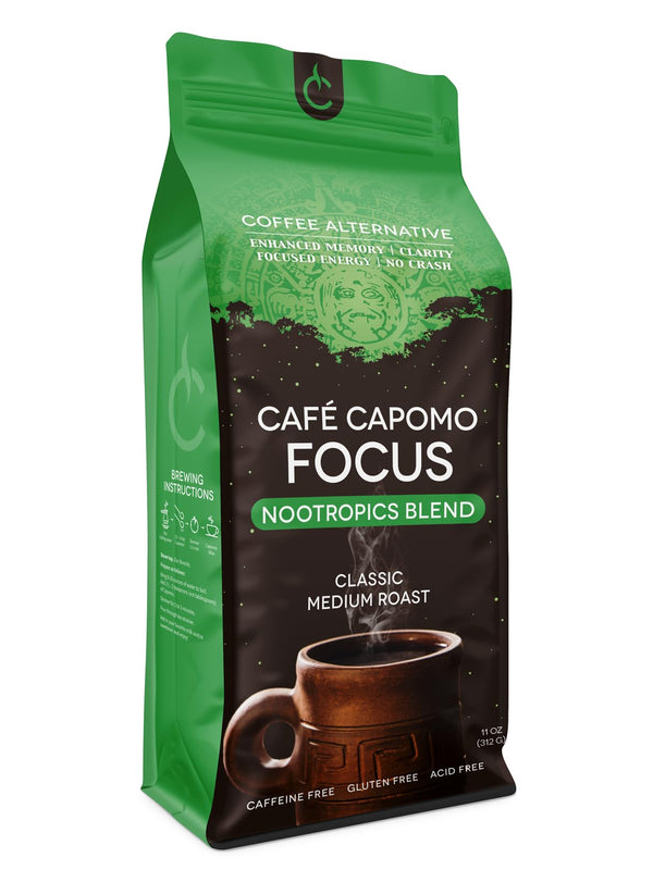 Cafe Capomo Focus - Nootropic  Blend  -Coffee Alternative, Maya Nut Herbal Coffee Substitute, Caffeine-free  - Medium Roast 11 oz - 25 Years of Premium Service.